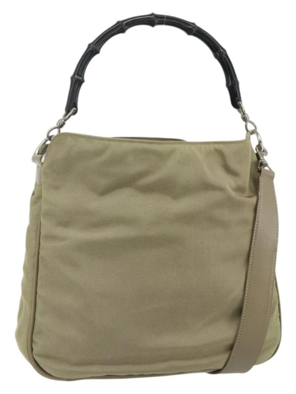 GUCCI Bamboo Shoulder Bag Nylon 2way Khaki Silver 001 1638 Auth bs34731